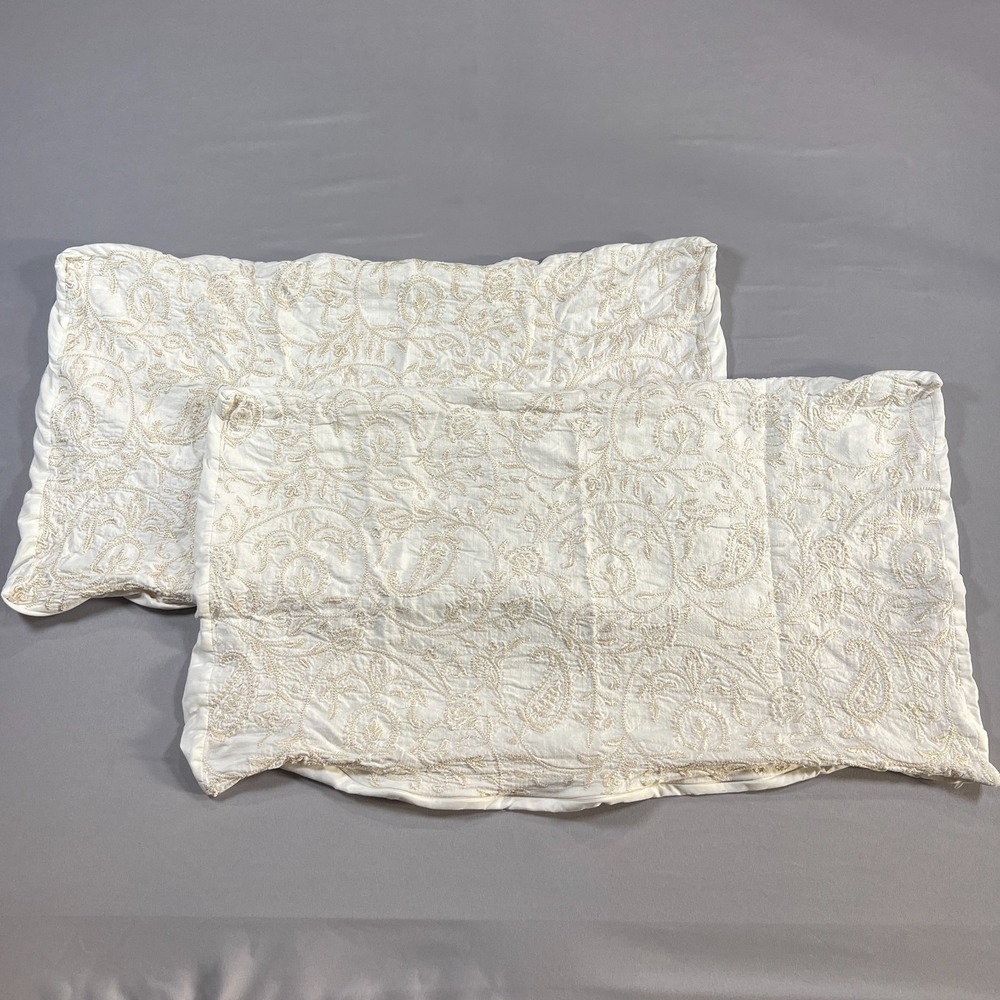 Set Of 2 Croscill Pillow Shams 32" X 16" Cream Cotton Paisley Embroidered Luxury